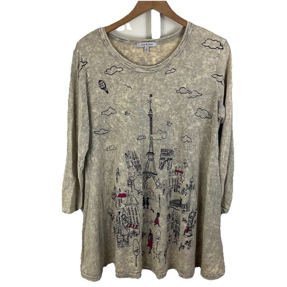 Jess & Jane Paris Eiffel Sketch Tower Tunic Womens L Large 3/4 Sleeves Acid Wash - Picture 1 of 5